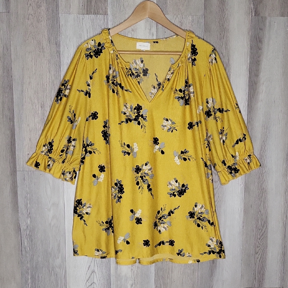 Melloday Anthropologie Womens 2X Floral‎ Blouse V Neck Gauze Ruffle Stretch